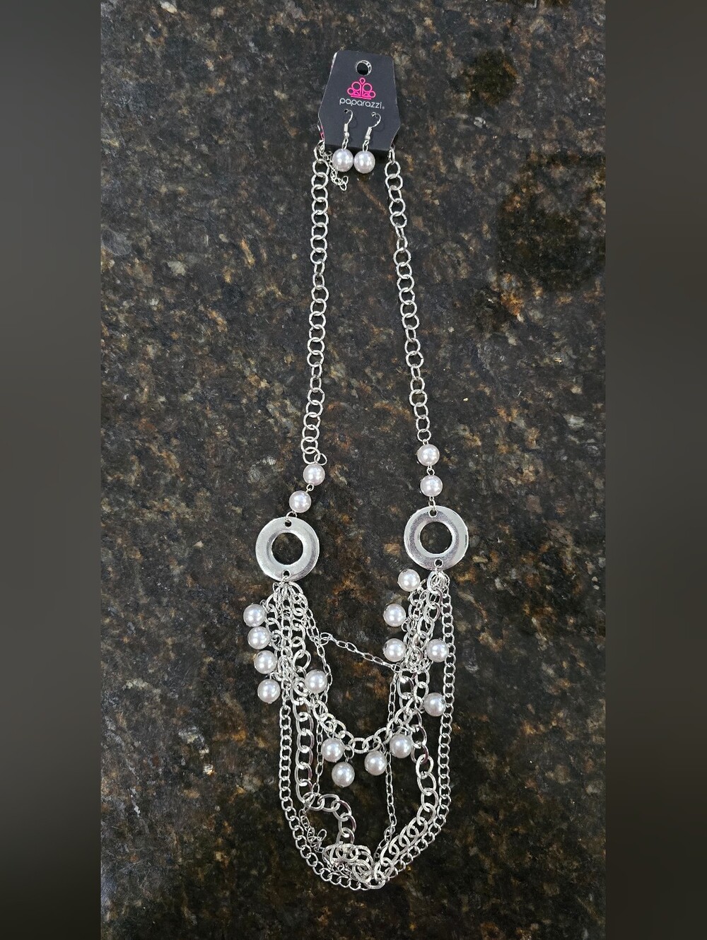 Paparazzi Silver Pearl Multi-Chain Statement Necklace & Earrings
